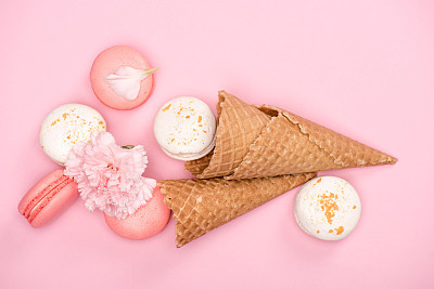 macarons with waffle cones and Carnation flower