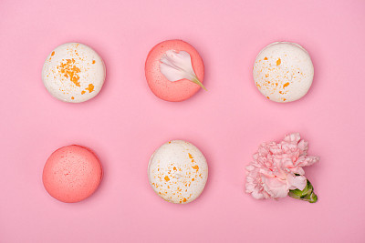 fresh macarons and Carnation flower on pink surface