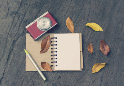 Retro camera, open blank book with dry leaf on wood background