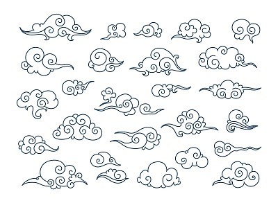Asian clouds. Chinese oriental ornament japan autumn doodle korean sky decoration traditional vector retro graphic elements