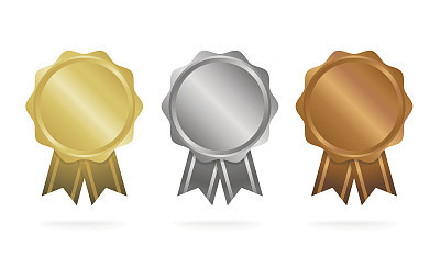 First place. Second place. Third place. Award Medals Set isolated on white with ribbons and stars. Vector illustration.