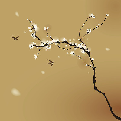 Orientalist style painting of a plum blossom tree in spring