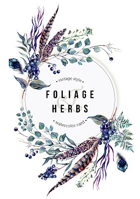 Watercolor Boho Card with Foliage and Feathers