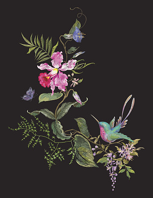 Embroidery fashion pattern with hummingbird, orchids and butterfly.
