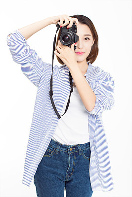 pretty girl holding hands SLR camera