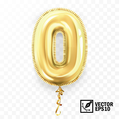 3d realistic isolated vector number zero 0 or letter o, gold helium balloon for your design decoration, party, birthday, ads