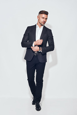 Perfect style. Full length of handsome bearded businessman in classic suit adjusting sleeves and looking at camera while standing against grey background