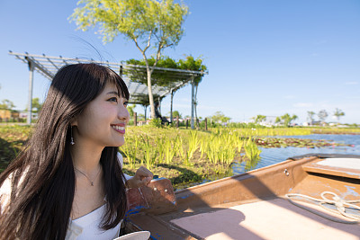 Young woman sightseeing on boat