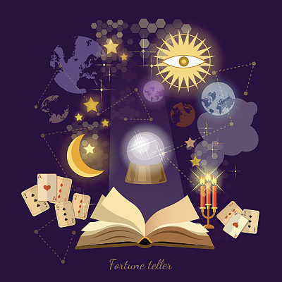 Fortune teller crystal ball in psychics magic book astrology