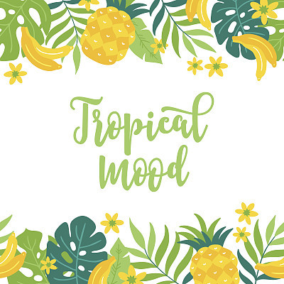 Summer greeting card with pineapple, banana, palm leaves and flowers