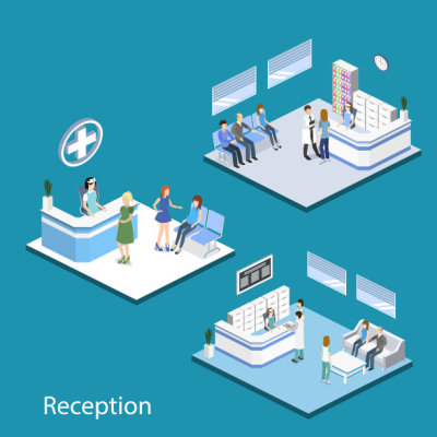 Isometric 3D vector illustration set of hospital reception with patients.