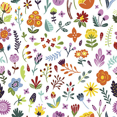 Seamless floral vintage pattern. Background with flowers, plants, leaves and herbs. Bright floral pattern