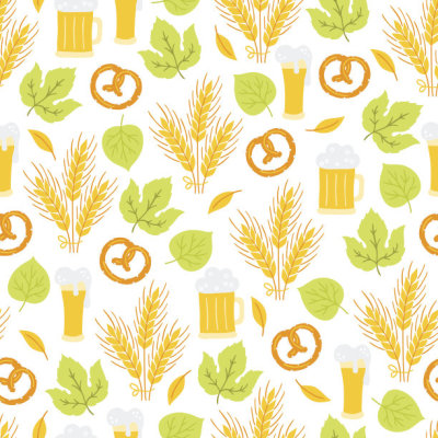 Oktoberfest seamless pattern with wheat, pretzel, leaves and beer glass