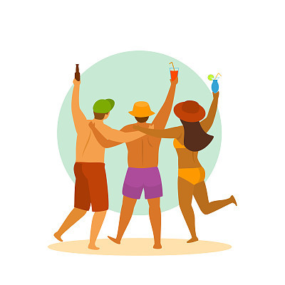 summer time beach people, three friends have party, celebrating, backside view cartoon  isolated vector illustration scene