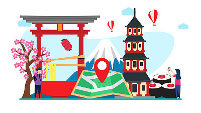 travel to japan creative illustration vector of graphic , small people traveling in japan illustration vector , japan traveling vector , japan concept vector flat illustration