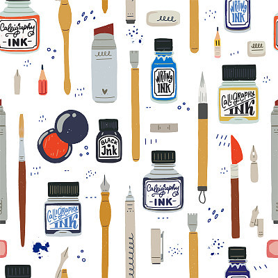 Tools and inks for calligraphy seamless pattern