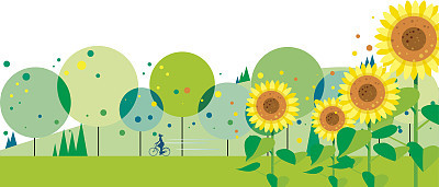 Green path where sunflowers bloom