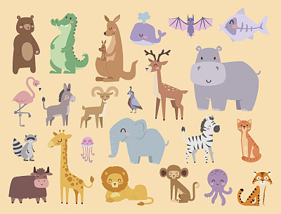 Cute zoo cartoon animals isolated funny wildlife learn cute language and tropical nature safari mammal jungle tall characters vector illustration