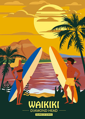 Surfers man and woman couple on the beach Waikiki, sunset, coast, palm trees. Get ready to surf. Resort, tropics, sea, ocean. Vector, Isolated, Retro, vintage, Poster, Banner