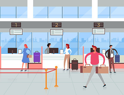 Airport terminal passport control concept. Travel tourism flat graphic design illustration