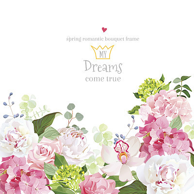 Pink hydrangea, rose, peony, orchid, carnation vector design card.