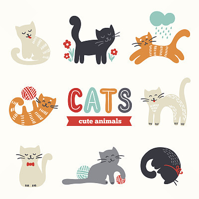 Set of cute eight cats with different characters