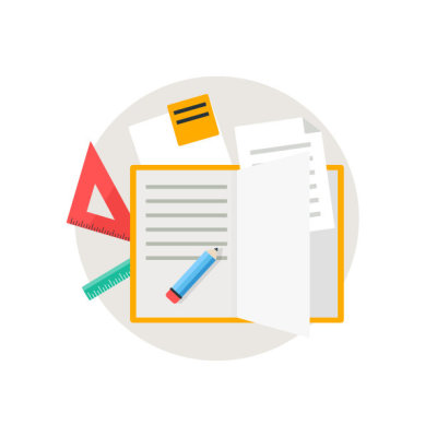 Opened notebook with stationery. Studying icon, flat style