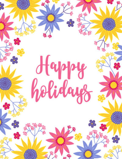 Summer greeting card with blooming branches and sunflowers. Floral frame