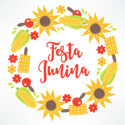 Festa Junina wreath with sunflower, apple, corn, leaves, flowers