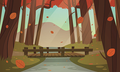 Illustration of a wooden bridge in the forest