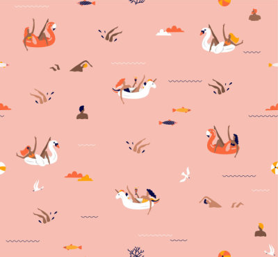 Seamless pool party vector illustration. Summer beach cartoon vector illustration with young women on the float