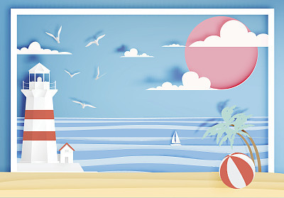 Beautiful beach paper art style with frame
