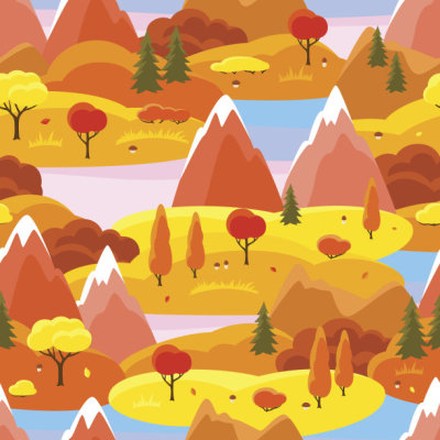 Autumn seamless pattern with trees, mountains and hills. Seasonal landscape illustration