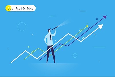 Businessman with telescope looking to the future