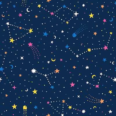 Vector hand drawn night sky doodle seamless pattern with space stars, planets, comets.