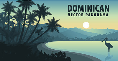 vector panorama of Dominican Republic with beach and spoonbill