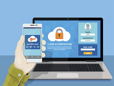 Flat man sitting at desktop and getting access to the website. Two steps authentication on computer.