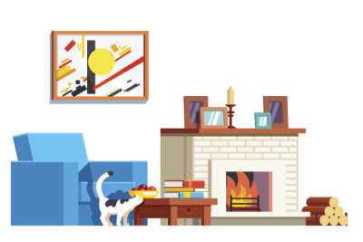 Living room furniture with armchair and fireplace