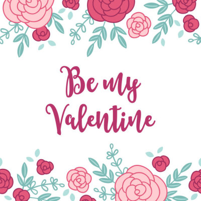 Valentine greeting card with seamless floral border - roses, leaves, branches