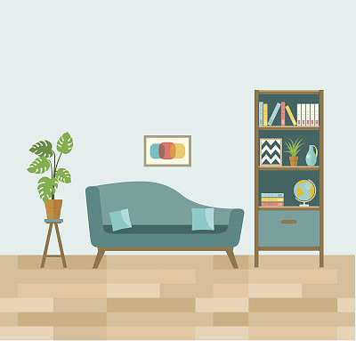 Living room with sofa and book shelves. Flat vector illustration.