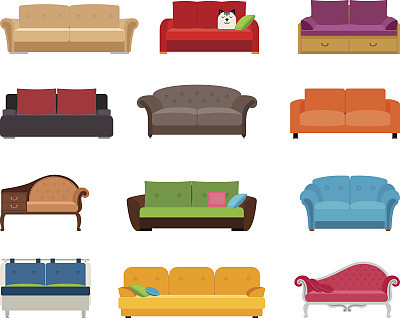Sofa colored vector set. Comfortable couch collection isolated on white background for interior design