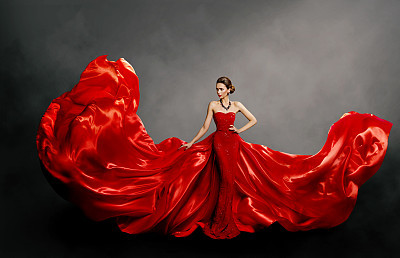Woman Red Dress, Fashion Model in Long Silk Gown Waving Cloth on Wind, Flying Fluttering Fabric