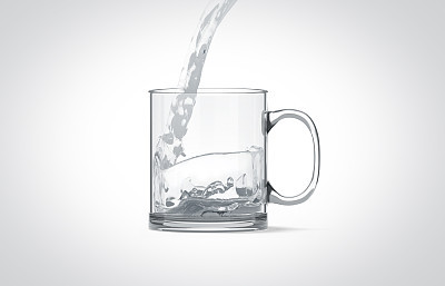Pouring water in blank transparent glass mug mock up isolated