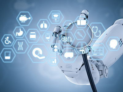 medical interface with robot hand holding stethoscope