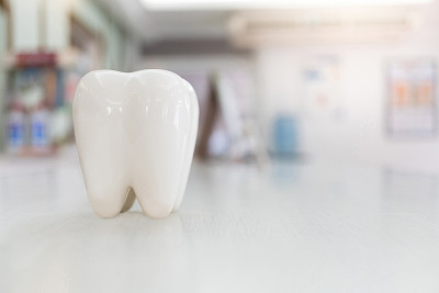 Artificial teeth model on wood table with blur background