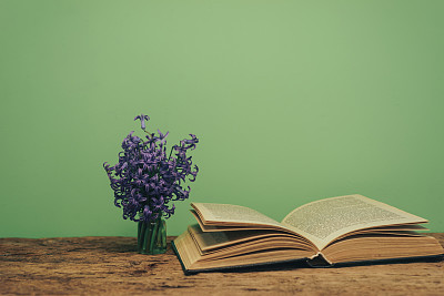 Open book and purple flower on a old  oak wooden table. Green wall background.