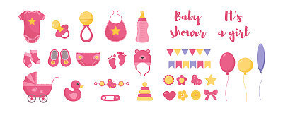 Baby born vector illustration set - various toddler equipment for little girl and decorative elements.