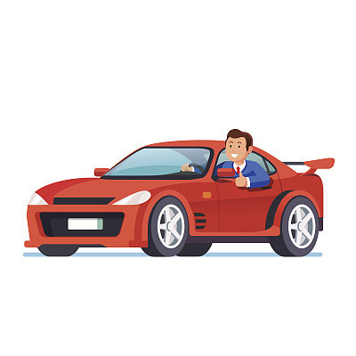 Smiling rich business man driving his red car