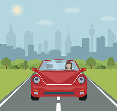 Young woman driving a red car on city background.