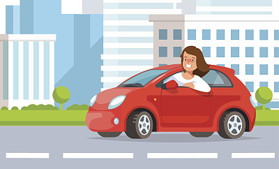 Vector illustration of young woman driving street city landscape